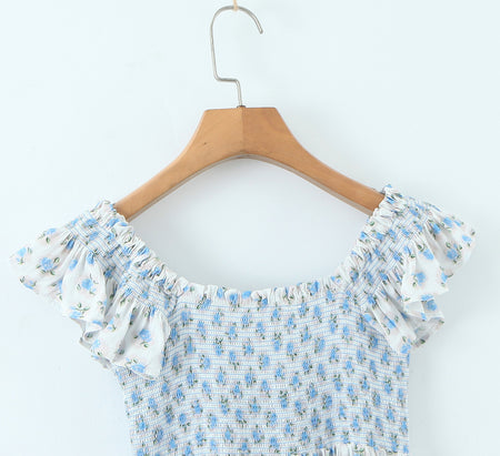 French Vacation Style Small Blue Flowers Elastic Loose Dress - ANIBEY