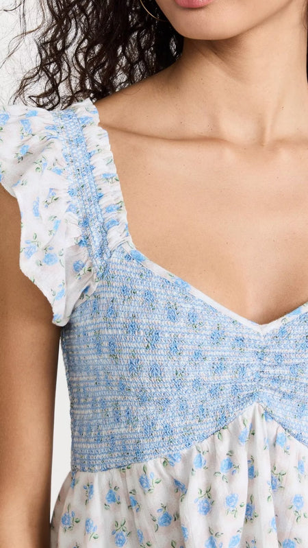 French Vacation Style Small Blue Flowers Elastic Loose Dress - ANIBEY