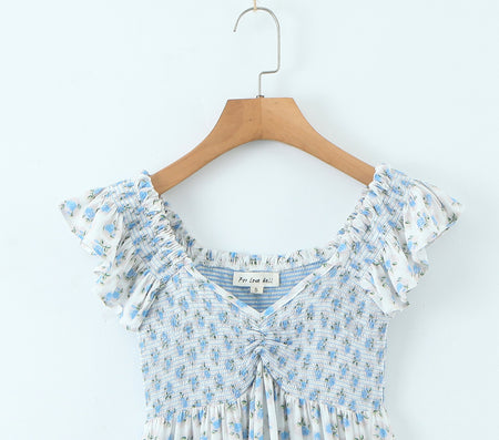 French Vacation Style Small Blue Flowers Elastic Loose Dress - ANIBEY