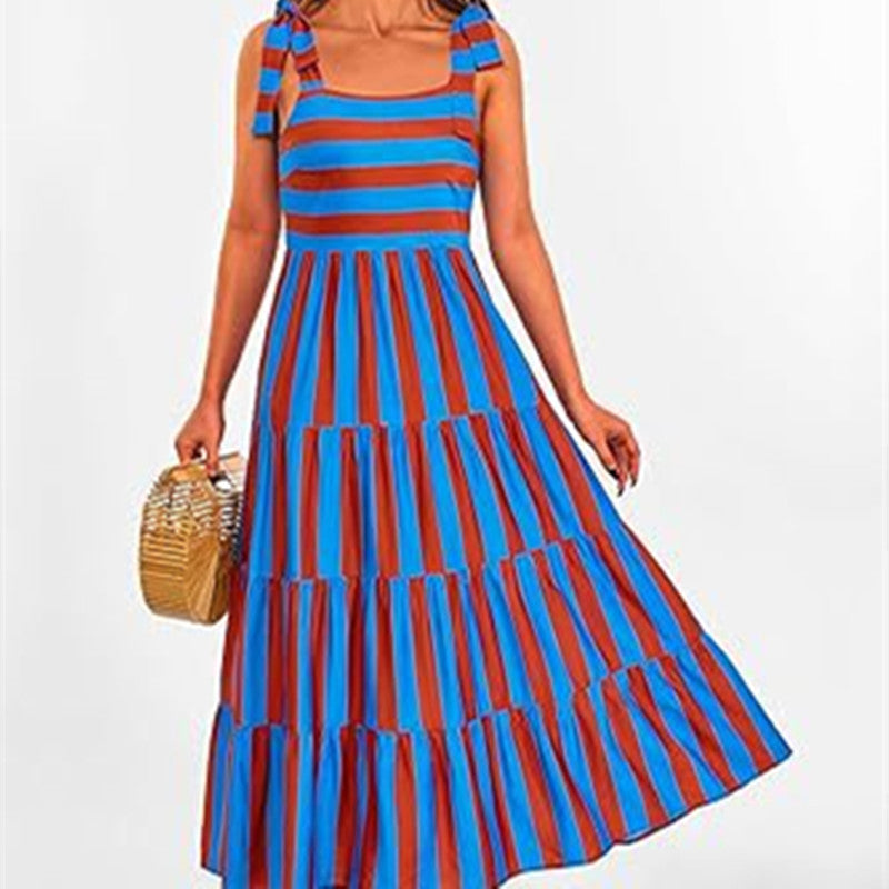 Spaghetti Strap Sleeveless Printed Pocket Side Zipper Layered Dress - ANIBEY