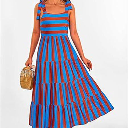 Spaghetti Strap Sleeveless Printed Pocket Side Zipper Layered Dress - ANIBEY