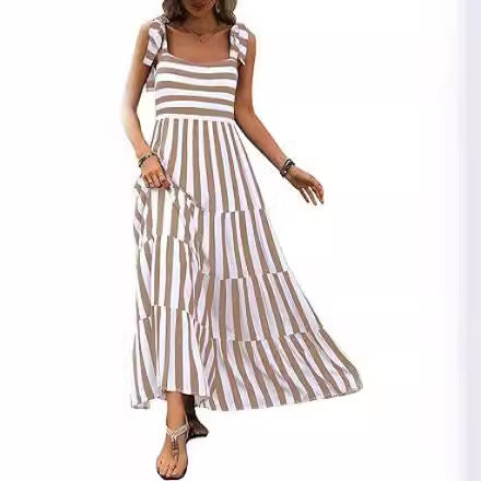 Spaghetti Strap Sleeveless Printed Pocket Side Zipper Layered Dress - ANIBEY