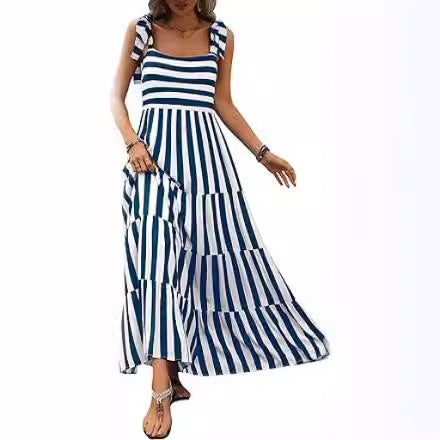 Spaghetti Strap Sleeveless Printed Pocket Side Zipper Layered Dress - ANIBEY