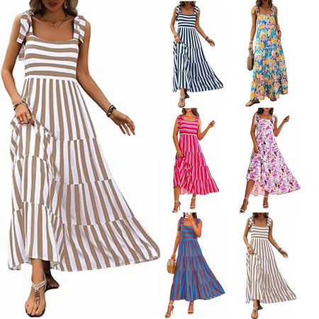 Spaghetti Strap Sleeveless Printed Pocket Side Zipper Layered Dress - ANIBEY
