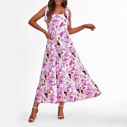 Spaghetti Strap Sleeveless Printed Pocket Side Zipper Layered Dress - ANIBEY