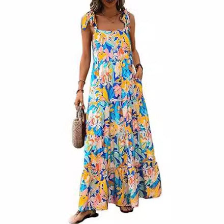 Spaghetti Strap Sleeveless Printed Pocket Side Zipper Layered Dress - ANIBEY