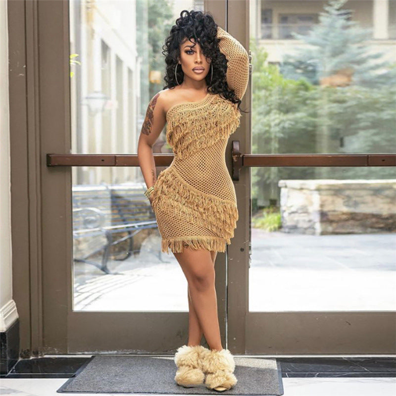 New Women's Slanted Shoulder Single Sleeve Fringed Knitted Dress - ANIBEY
