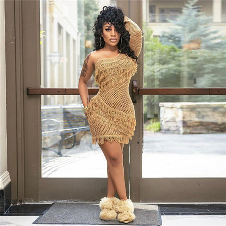 New Women's Slanted Shoulder Single Sleeve Fringed Knitted Dress - ANIBEY