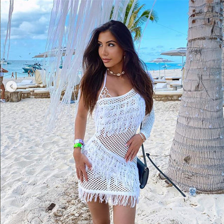 New Women's Slanted Shoulder Single Sleeve Fringed Knitted Dress - ANIBEY