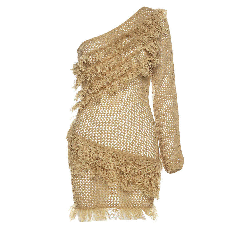 New Women's Slanted Shoulder Single Sleeve Fringed Knitted Dress - ANIBEY
