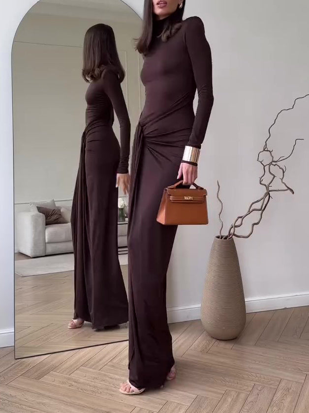 Solid Color Long Sleeve Slit Maxi Dress - ANIBEY
