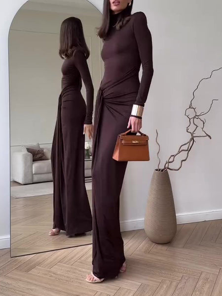 Solid Color Long Sleeve Slit Maxi Dress - ANIBEY