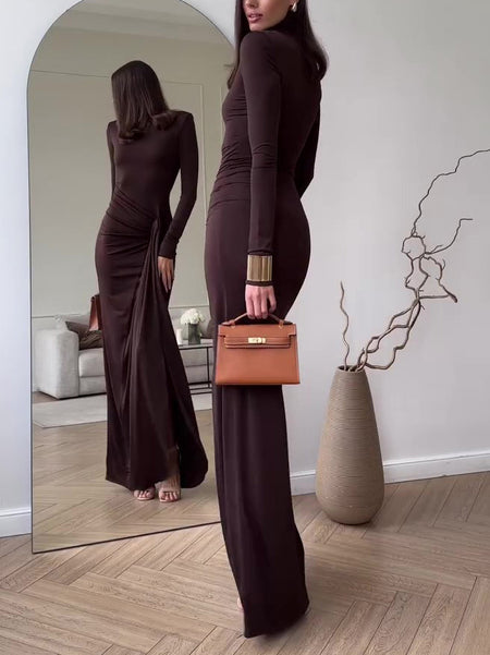 Solid Color Long Sleeve Slit Maxi Dress - ANIBEY