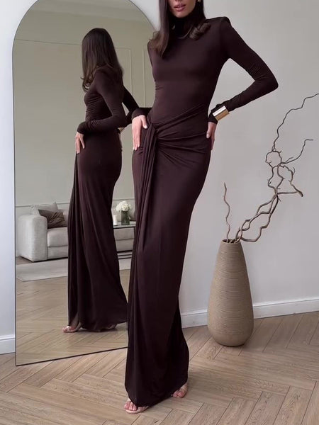 Solid Color Long Sleeve Slit Maxi Dress - ANIBEY