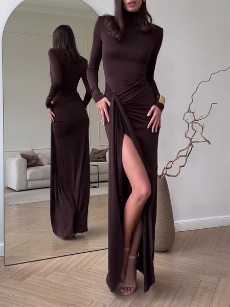 Solid Color Long Sleeve Slit Maxi Dress - ANIBEY