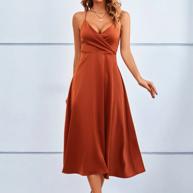 Women's Sleeveless V-neck Strap Short Sleeve Dress - ANIBEY