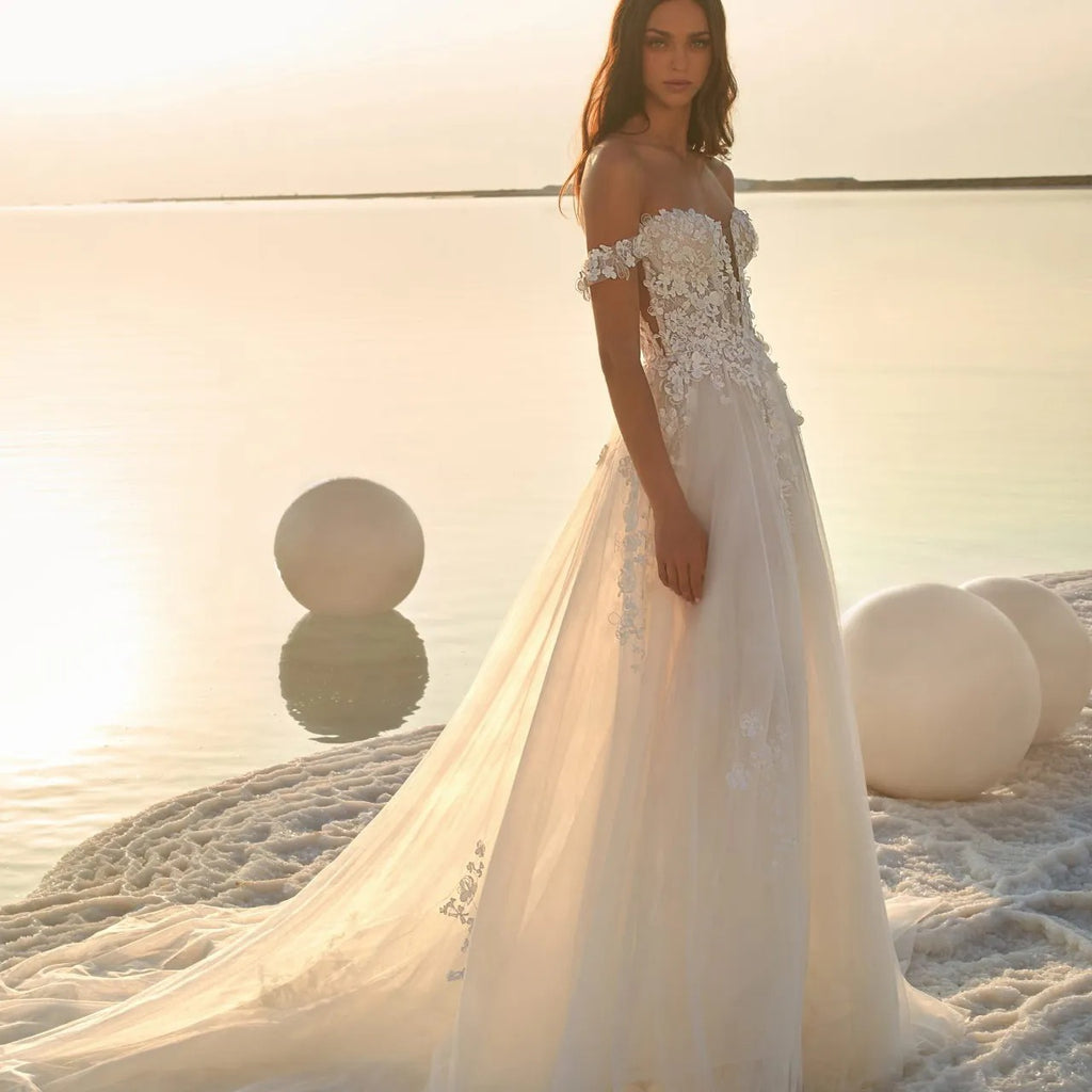 Women's Puff Sleeve Beach Wedding Dress - ANIBEY