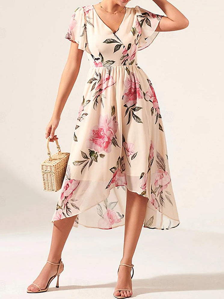 V-neck Mid-length Slim-fit Printed Dress - ANIBEY