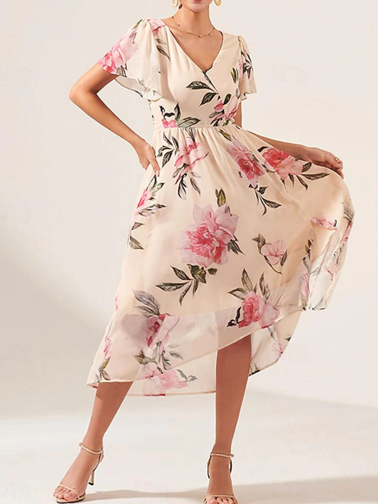 V-neck Mid-length Slim-fit Printed Dress - ANIBEY