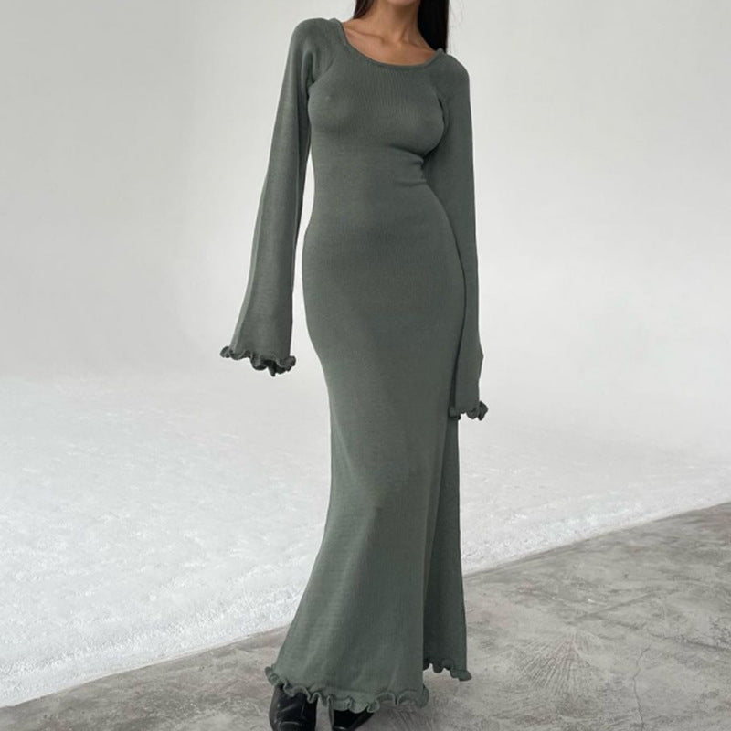 Solid Color Stringy Selvedge Backless Knitted Dress - ANIBEY