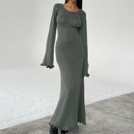 Solid Color Stringy Selvedge Backless Knitted Dress - ANIBEY
