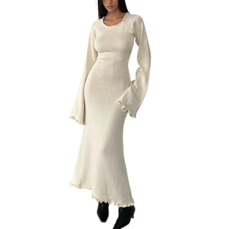 Solid Color Stringy Selvedge Backless Knitted Dress - ANIBEY