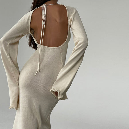 Solid Color Stringy Selvedge Backless Knitted Dress - ANIBEY