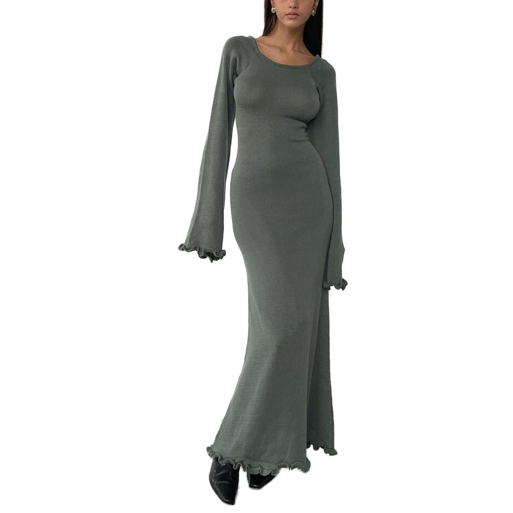 Solid Color Stringy Selvedge Backless Knitted Dress - ANIBEY
