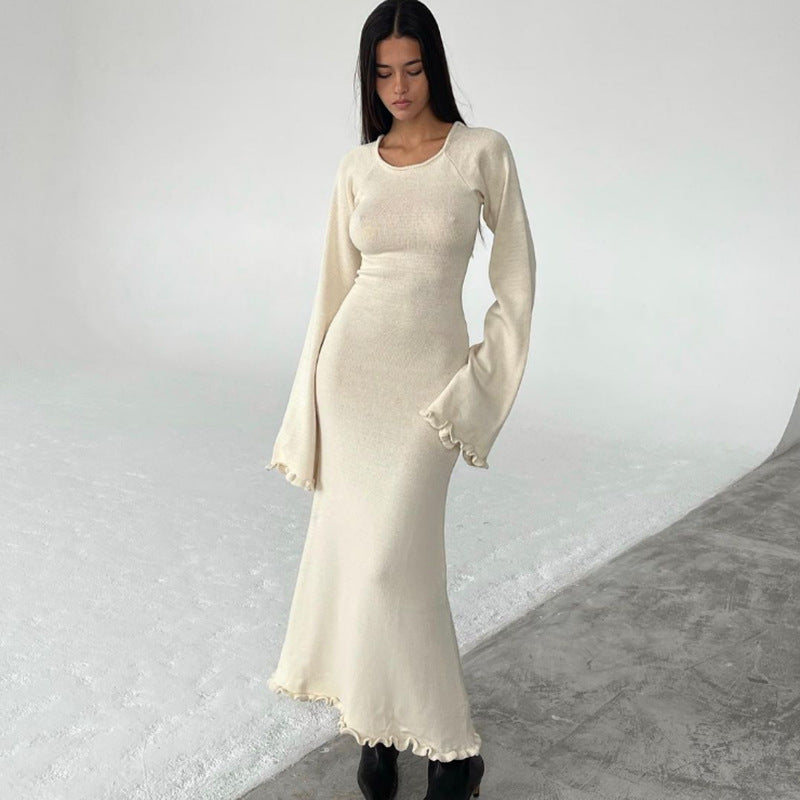 Solid Color Stringy Selvedge Backless Knitted Dress - ANIBEY