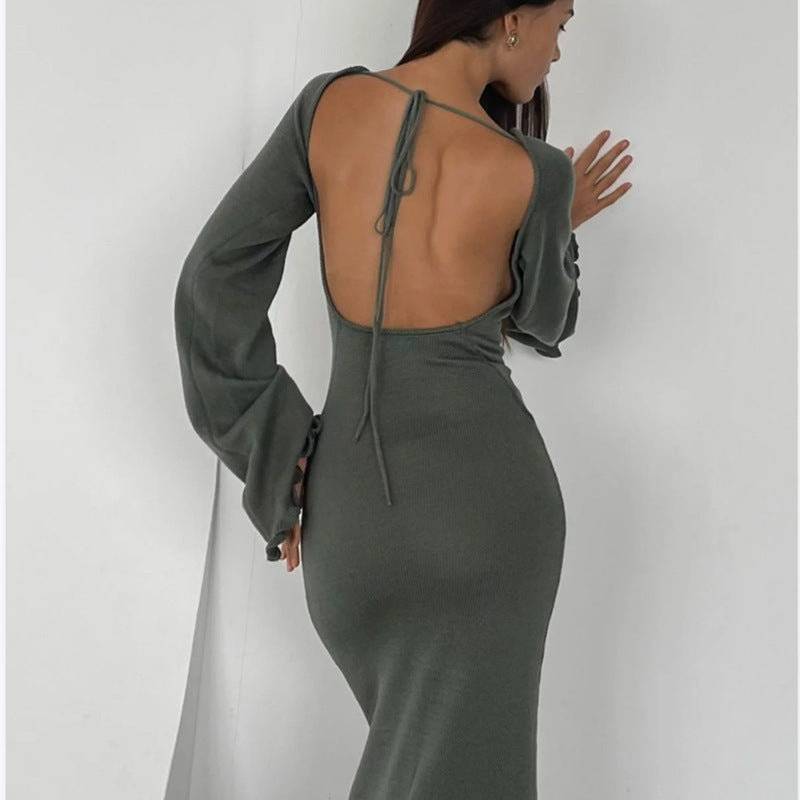 Solid Color Stringy Selvedge Backless Knitted Dress - ANIBEY