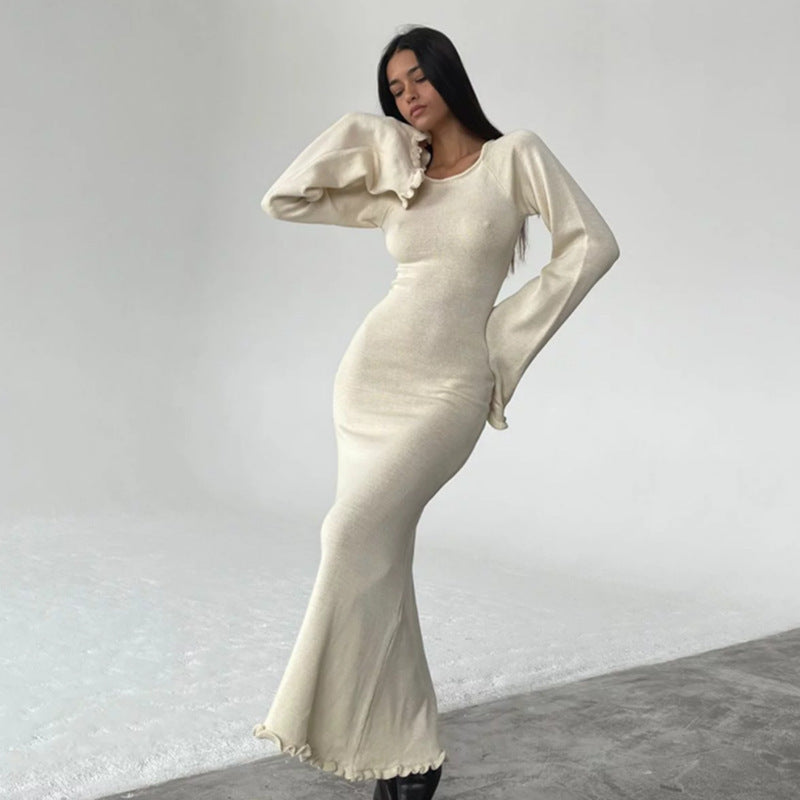 Solid Color Stringy Selvedge Backless Knitted Dress - ANIBEY