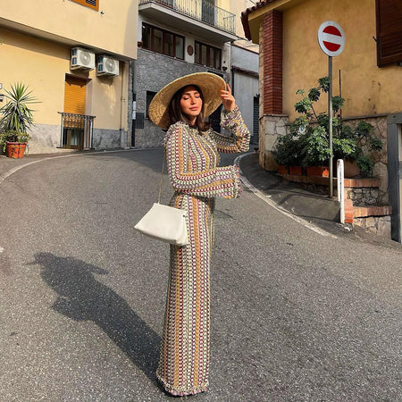 Popular Contrast Color Lace Backless Long Sleeve Dress - ANIBEY
