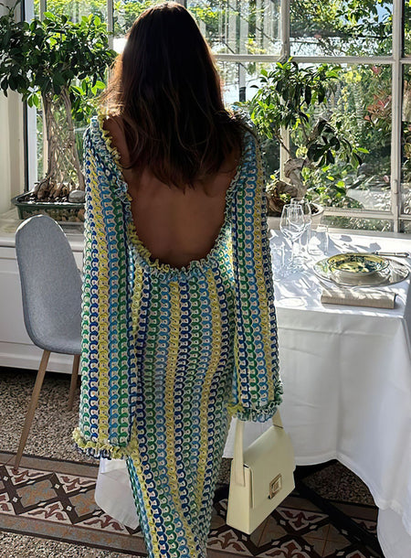 Popular Contrast Color Lace Backless Long Sleeve Dress - ANIBEY