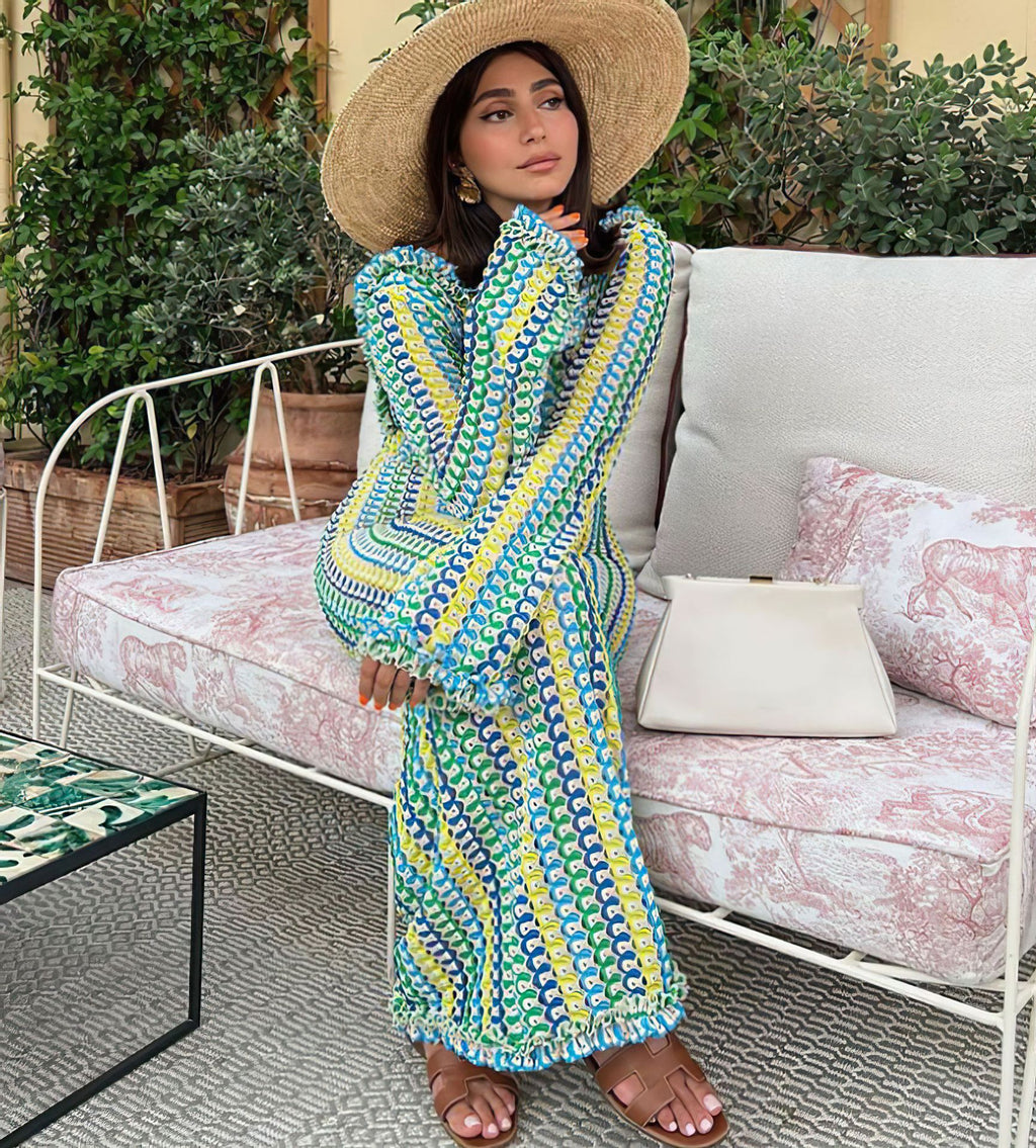 Popular Contrast Color Lace Backless Long Sleeve Dress - ANIBEY