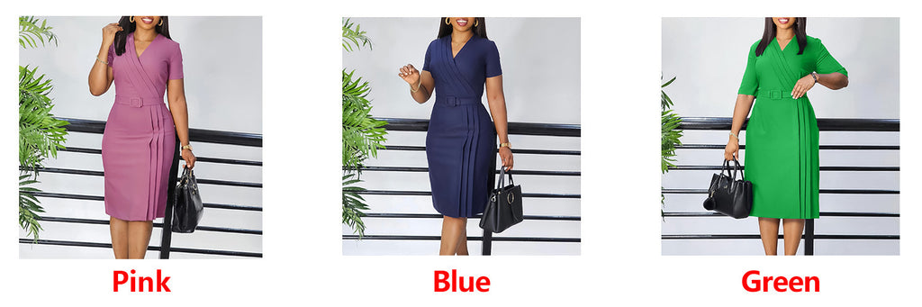 Women's Short Sleeve V-neck Tight Waist Solid Color Commute Dress - ANIBEY