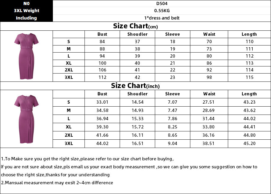 Women's Short Sleeve V-neck Tight Waist Solid Color Commute Dress - ANIBEY