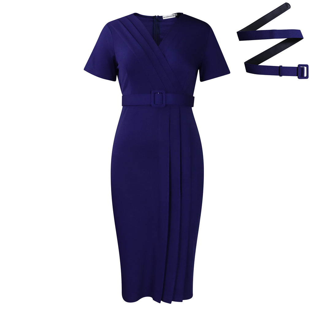 Women's Short Sleeve V-neck Tight Waist Solid Color Commute Dress - ANIBEY