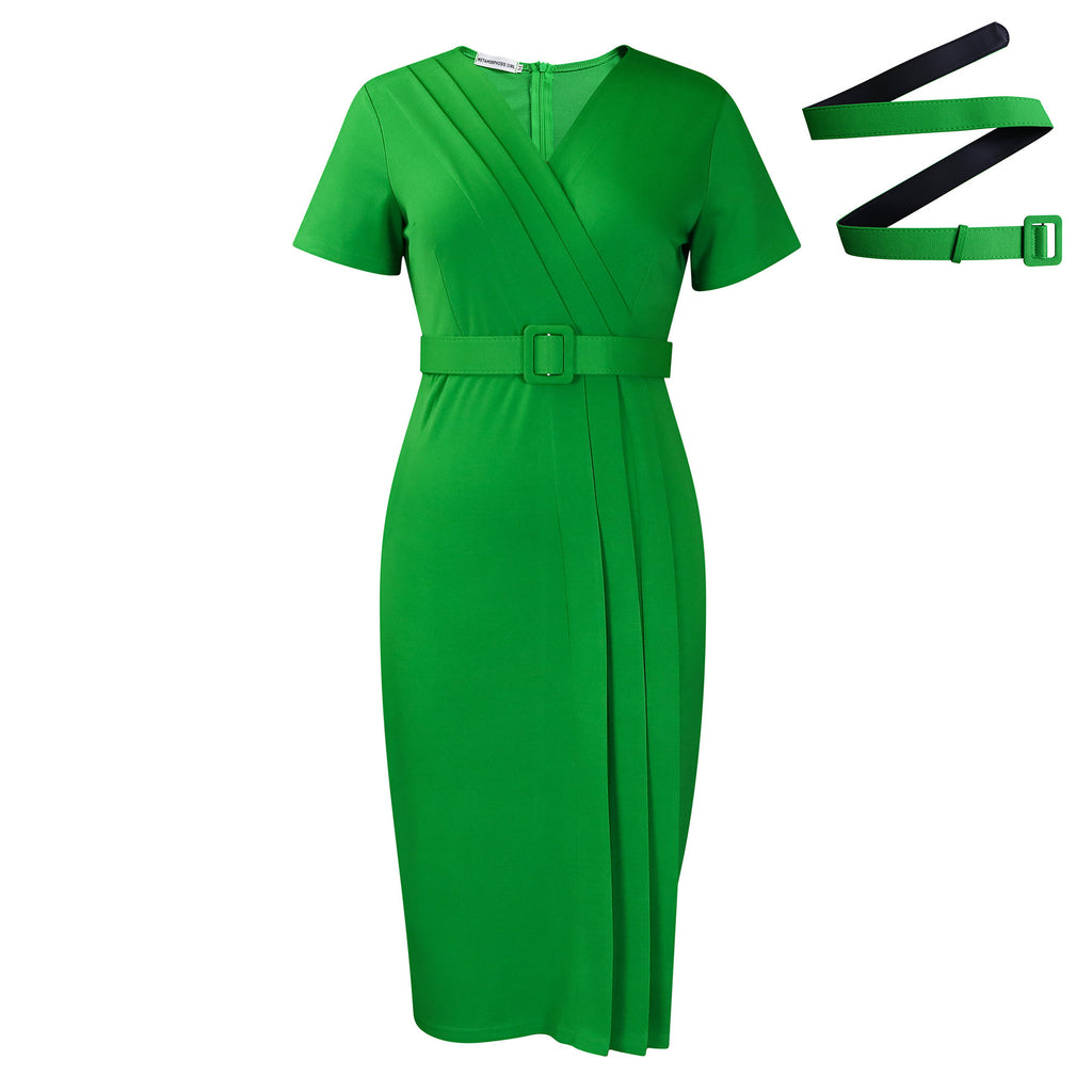 Women's Short Sleeve V-neck Tight Waist Solid Color Commute Dress - ANIBEY