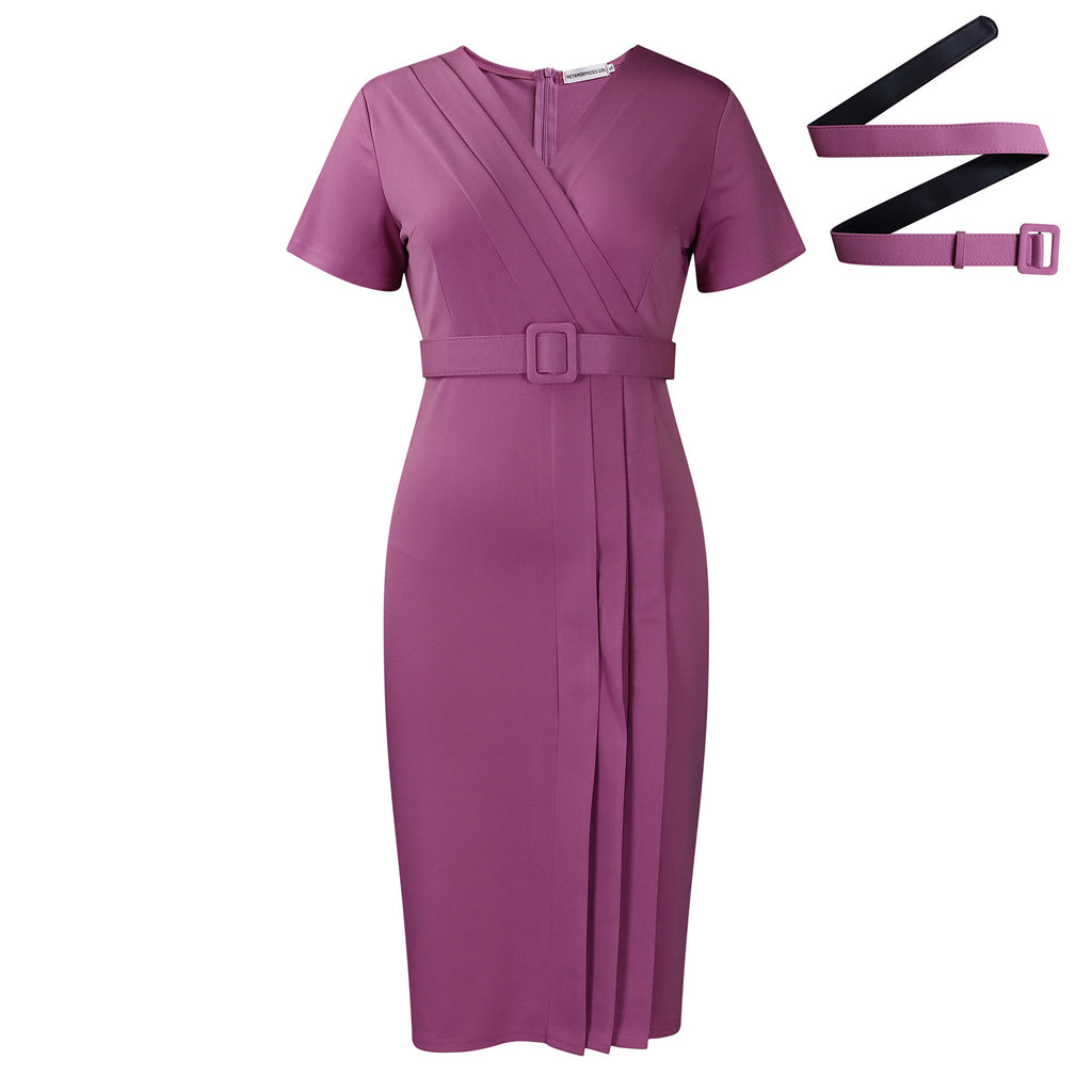 Women's Short Sleeve V-neck Tight Waist Solid Color Commute Dress - ANIBEY
