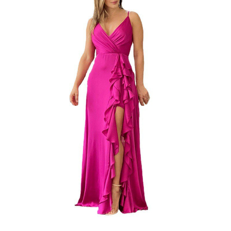 Women's Clothing Summer New V-neck Brace High Waist Ruffles Irregular Slit Dress - ANIBEY