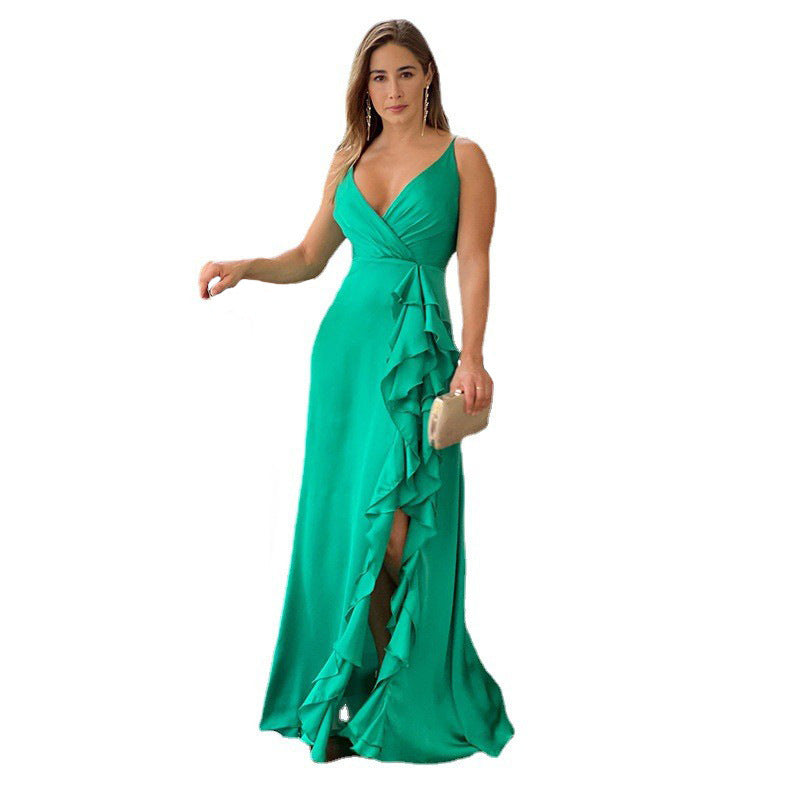 Women's Clothing Summer New V-neck Brace High Waist Ruffles Irregular Slit Dress - ANIBEY