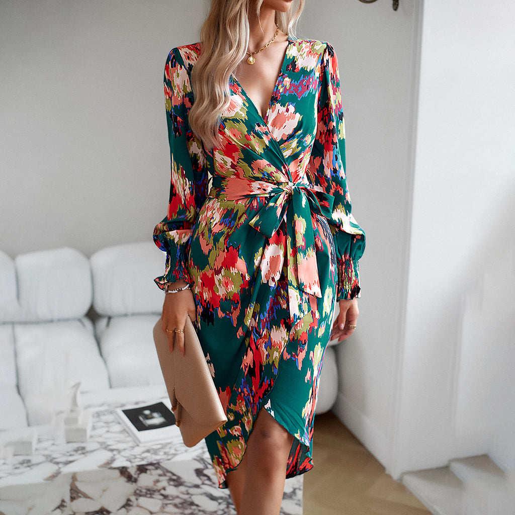 Printed Dress 2023 Autumn Winter Elegant V-neck Dress - ANIBEY