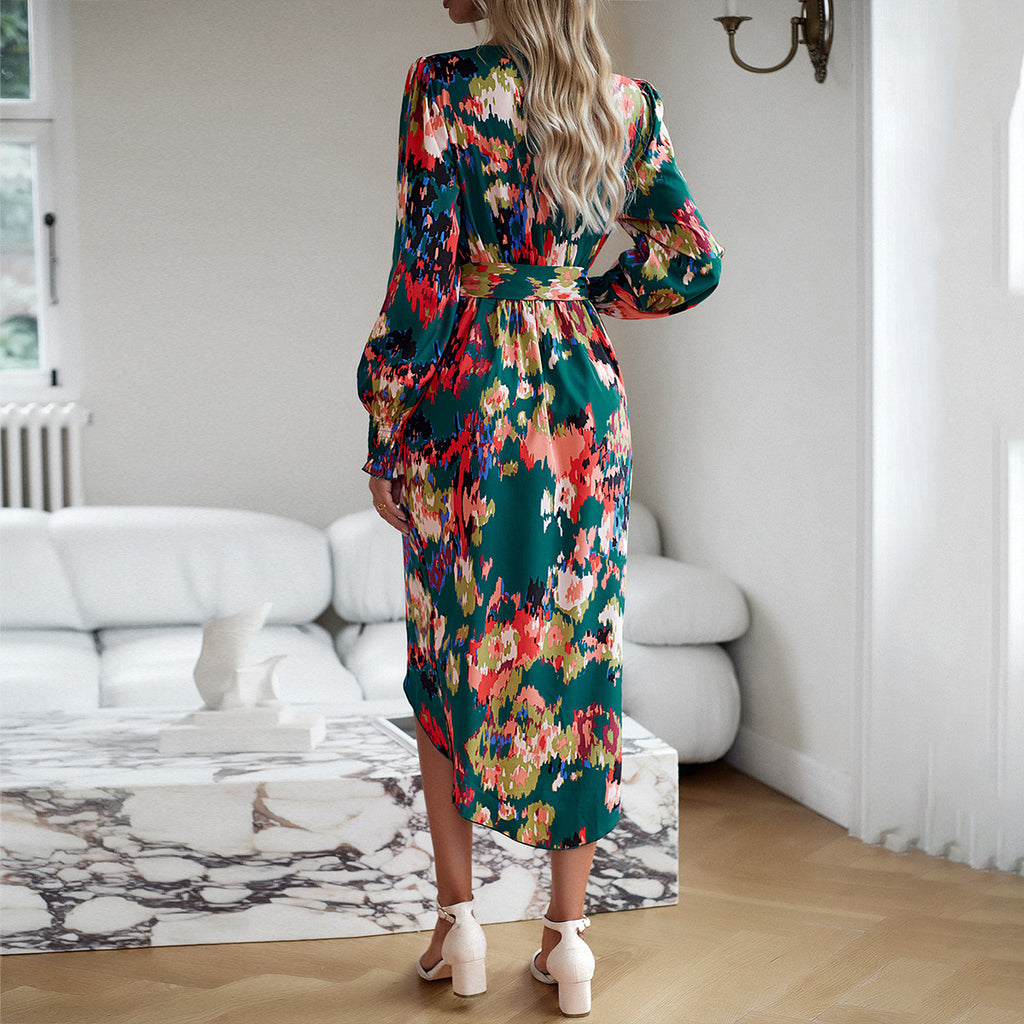 Printed Dress 2023 Autumn Winter Elegant V-neck Dress - ANIBEY