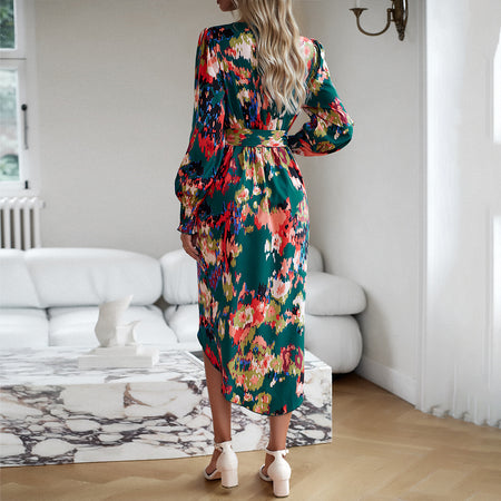 Printed Dress 2023 Autumn Winter Elegant V-neck Dress - ANIBEY