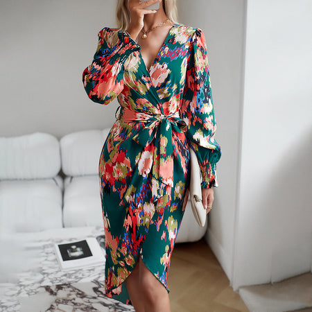 Printed Dress 2023 Autumn Winter Elegant V-neck Dress - ANIBEY