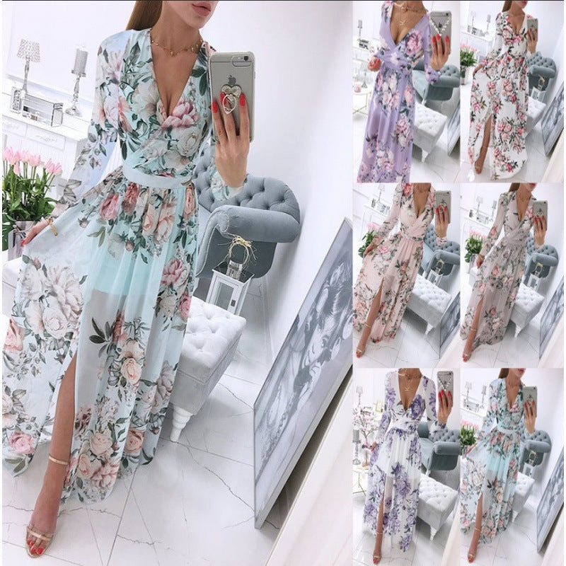 Summer Long-sleeve V-neck Chiffon Printed Bohemian Dress Women - ANIBEY