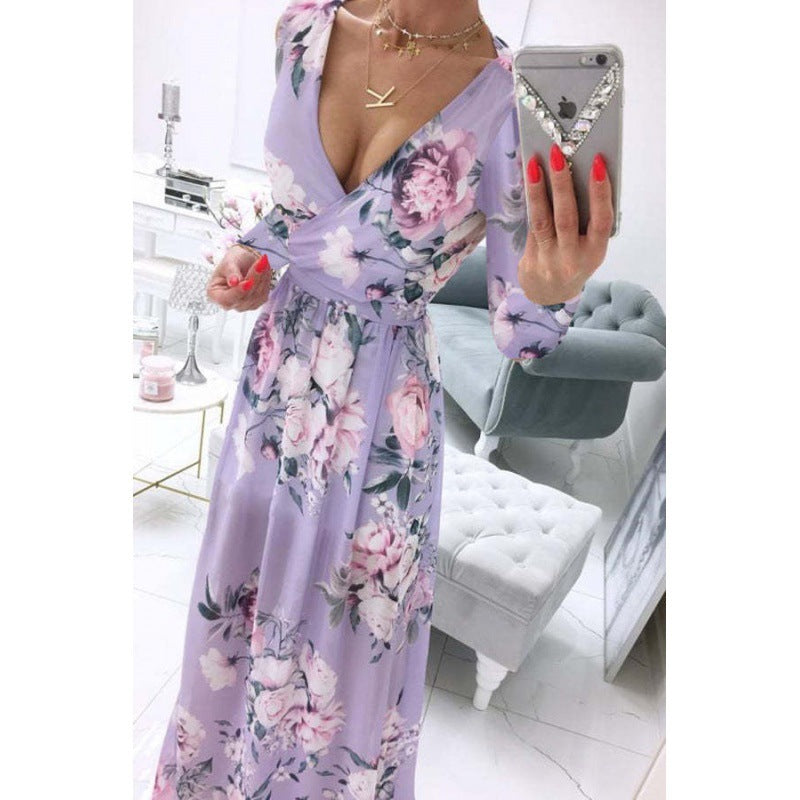 Summer Long-sleeve V-neck Chiffon Printed Bohemian Dress Women - ANIBEY