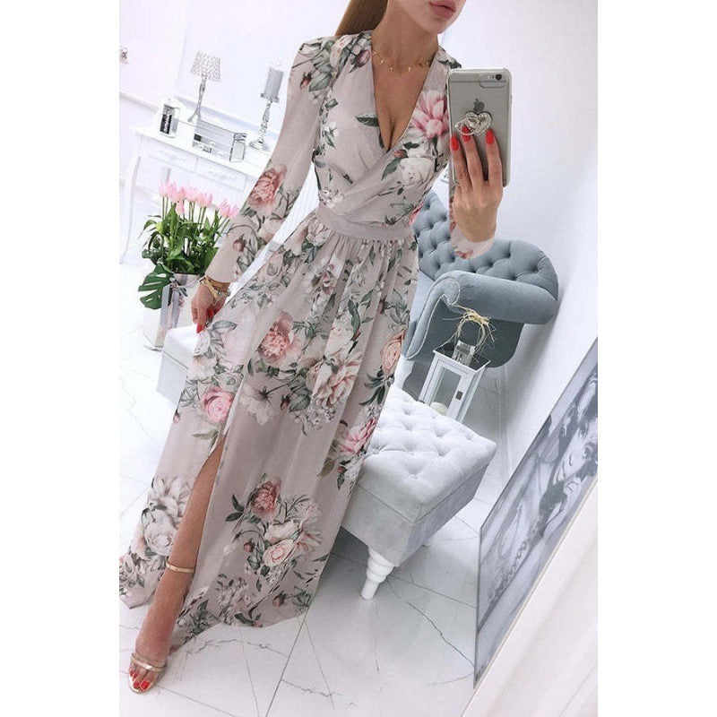 Summer Long-sleeve V-neck Chiffon Printed Bohemian Dress Women - ANIBEY