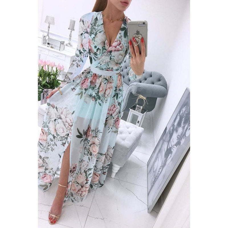 Summer Long-sleeve V-neck Chiffon Printed Bohemian Dress Women - ANIBEY