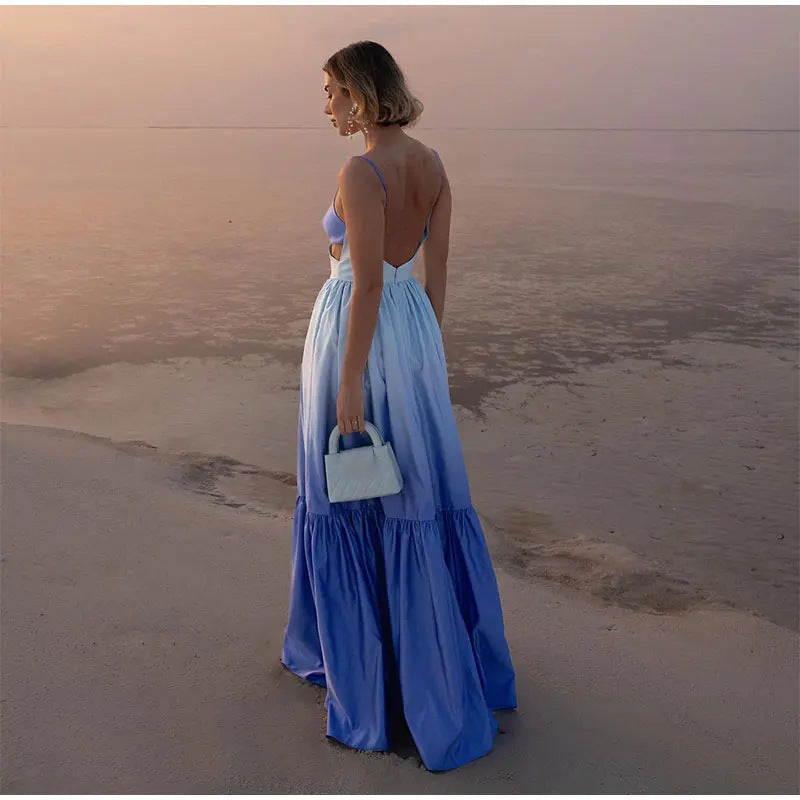 Women's Spaghetti Strapped Backless Gradient Long Dress - ANIBEY